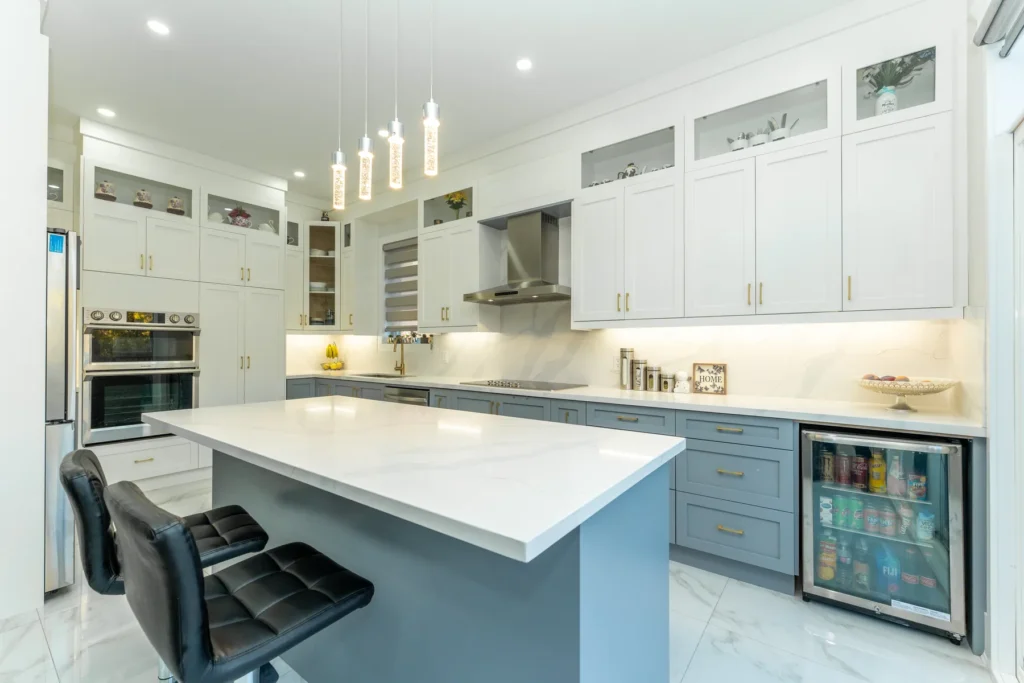 Navy kitchen island with brushed gold hardware, Harrow Street