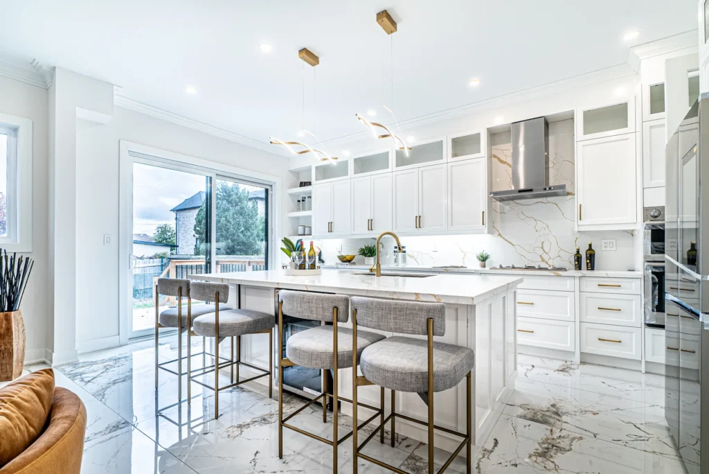 Calacatta marble kitchen with brushed gold fixtures, Redstone Road